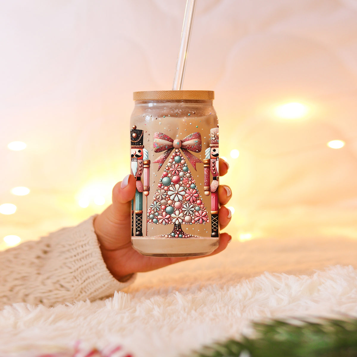 Nutcracker soldier tumbler - pink and teal pastel glass Christmas cup
Unique holiday tumbler cup - Nutcracker and floral tree boho Christmas design